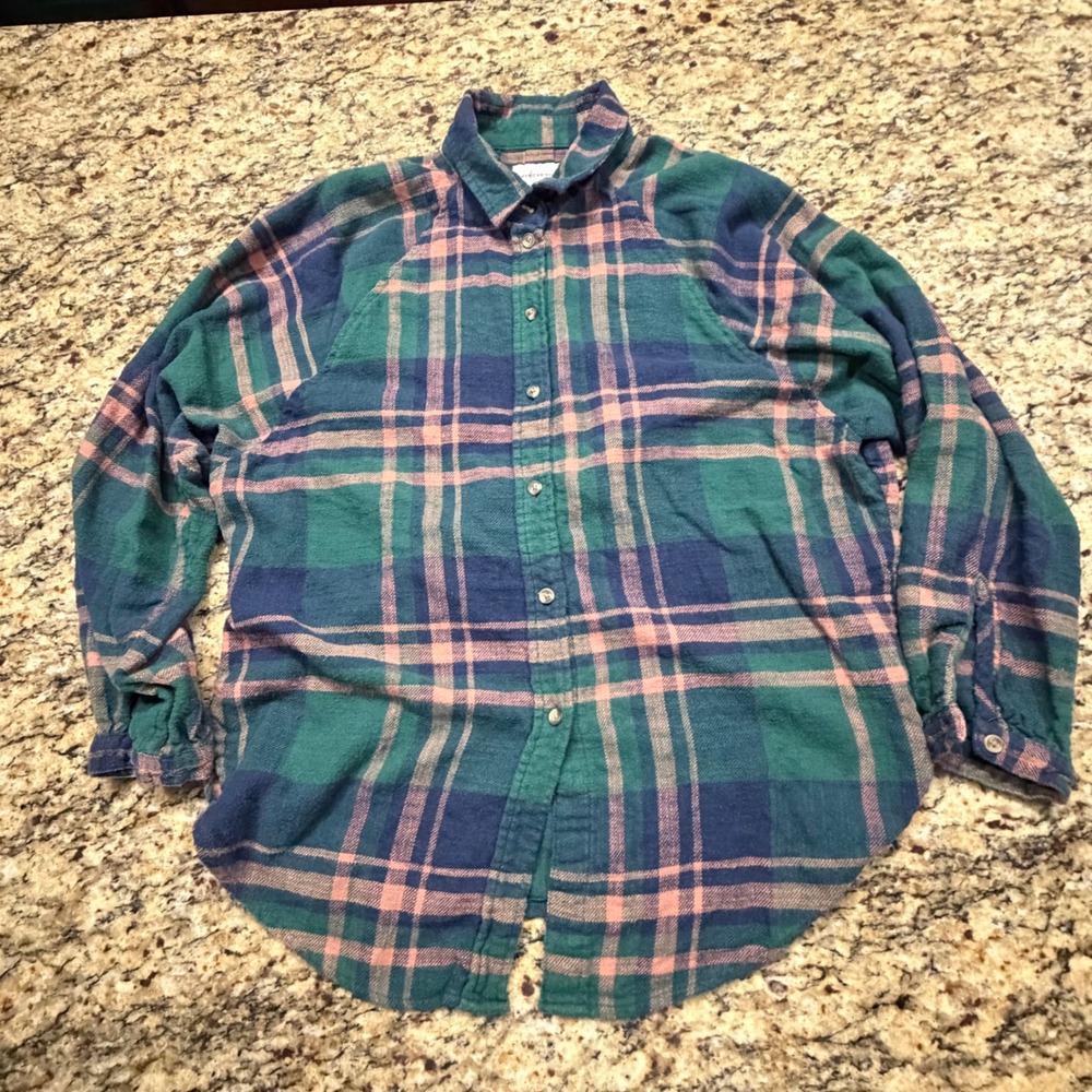 American Eagle Women S Plaid Flannel Shirt Navy Pink Button Down Long Sleeve